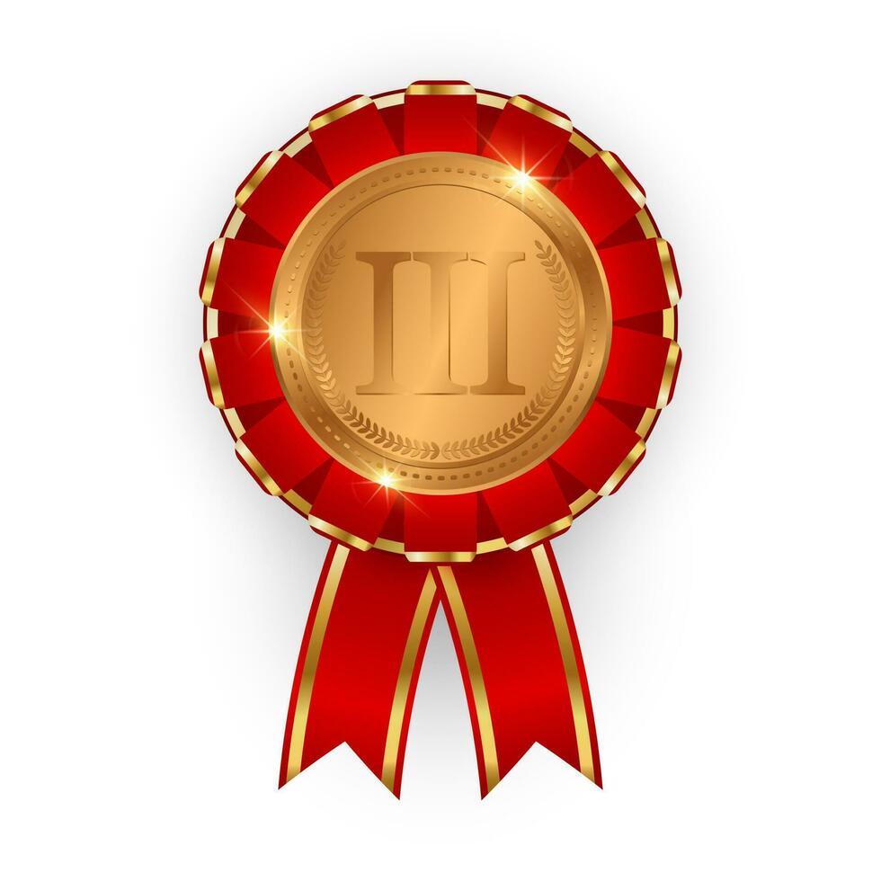 bronce medalla con rojo cinta. redondo bronce medalla 3d con rojo cinta pliegues insignias, logro otorgar. vector ilustración.