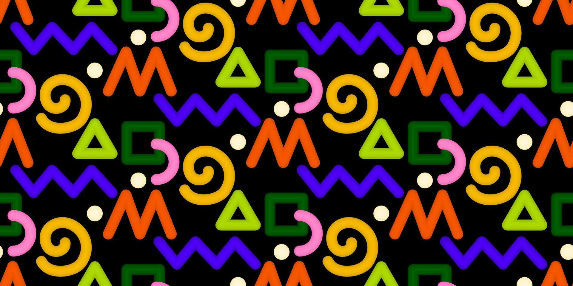 Bright seamless pattern with colorful squiggles and scribble on a black background in the style of 80-90s. Simple childish background. For fabric, wallpaper or packaging.Vector illustration. vector