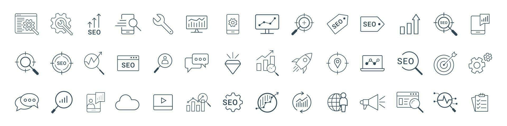 SEO and Development icon set. Search engine Optimization, business, marketing, target, ranking, contact, website, traffic line icon vector
