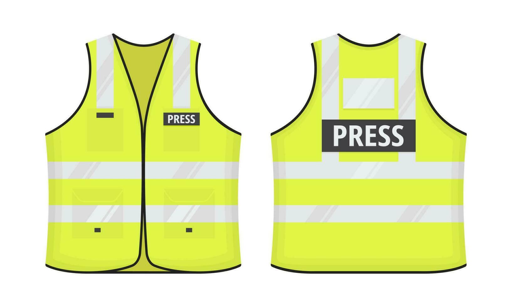 Safety reflective vest with label PRESS tag flat style design vector illustration set.
