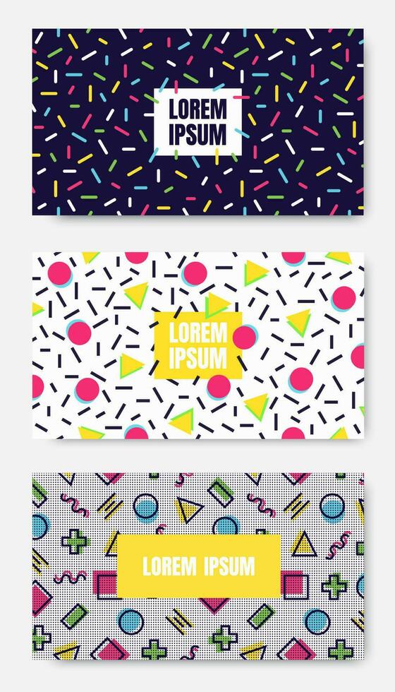 Geometric background with geometric shapes and curves, pattern with trendy Memphis fashion style 80s-90s template in colorful vibrant colors isolated on white background vector