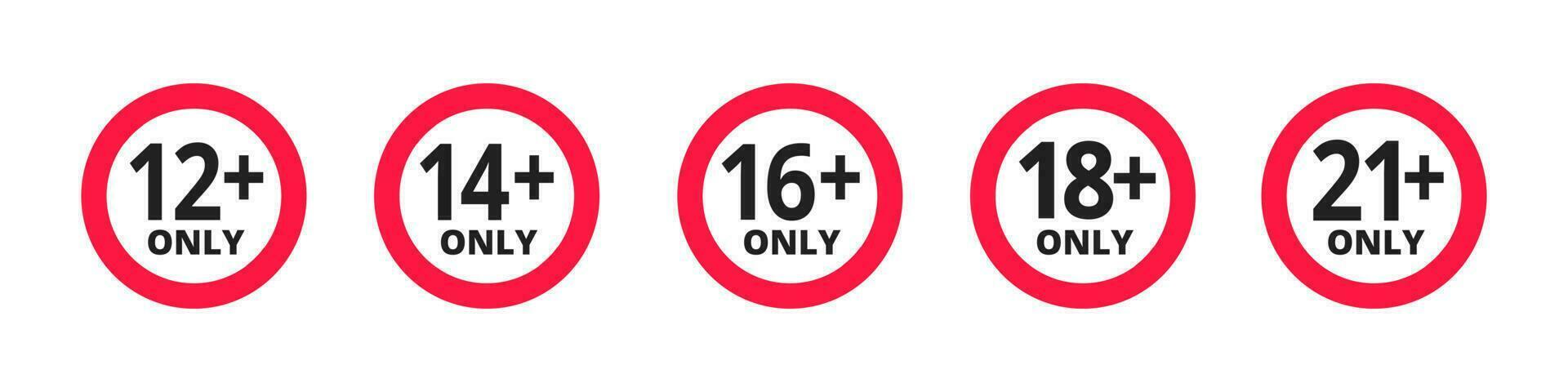 Adults content only age restriction 12, 14, 16, 18, 21 plus years old icon signs set. vector