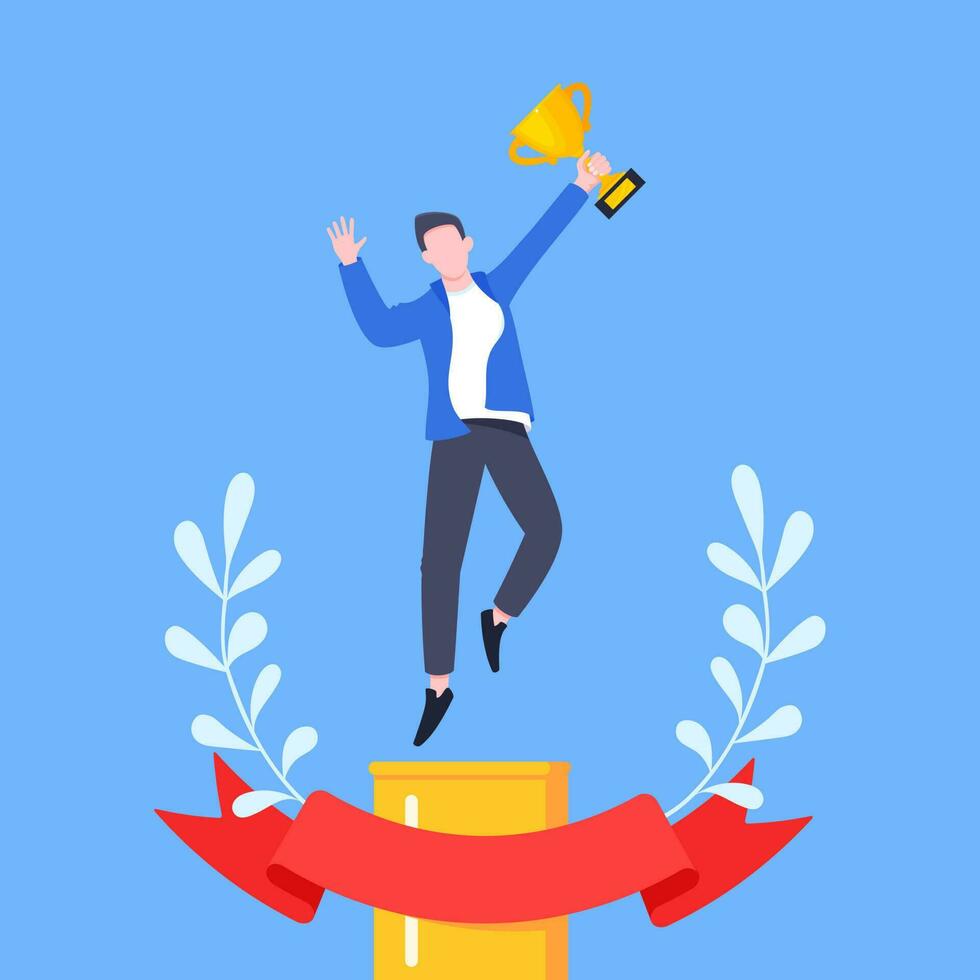 Best worker employee winner with trophy cup inside award ribbon and floral wreath flat style design vector illustration.