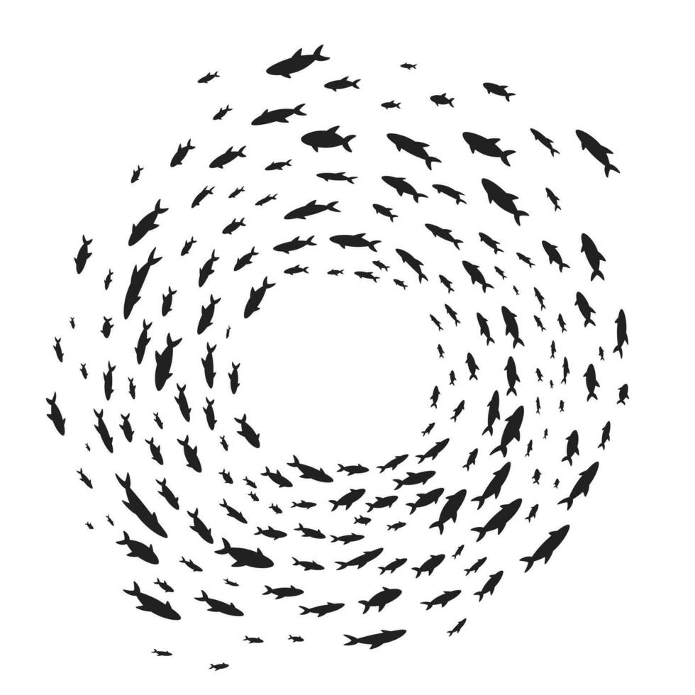 Silhouettes school of fish with marine life of various sizes swimming fish in the circle vector