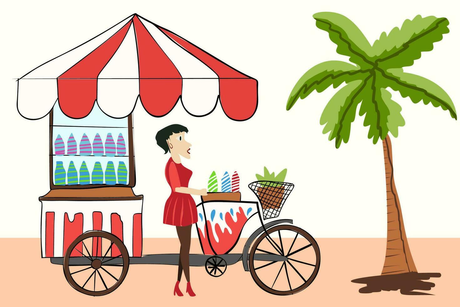 woman selling ice cream in the beach at summer with typography ice cream summer vector