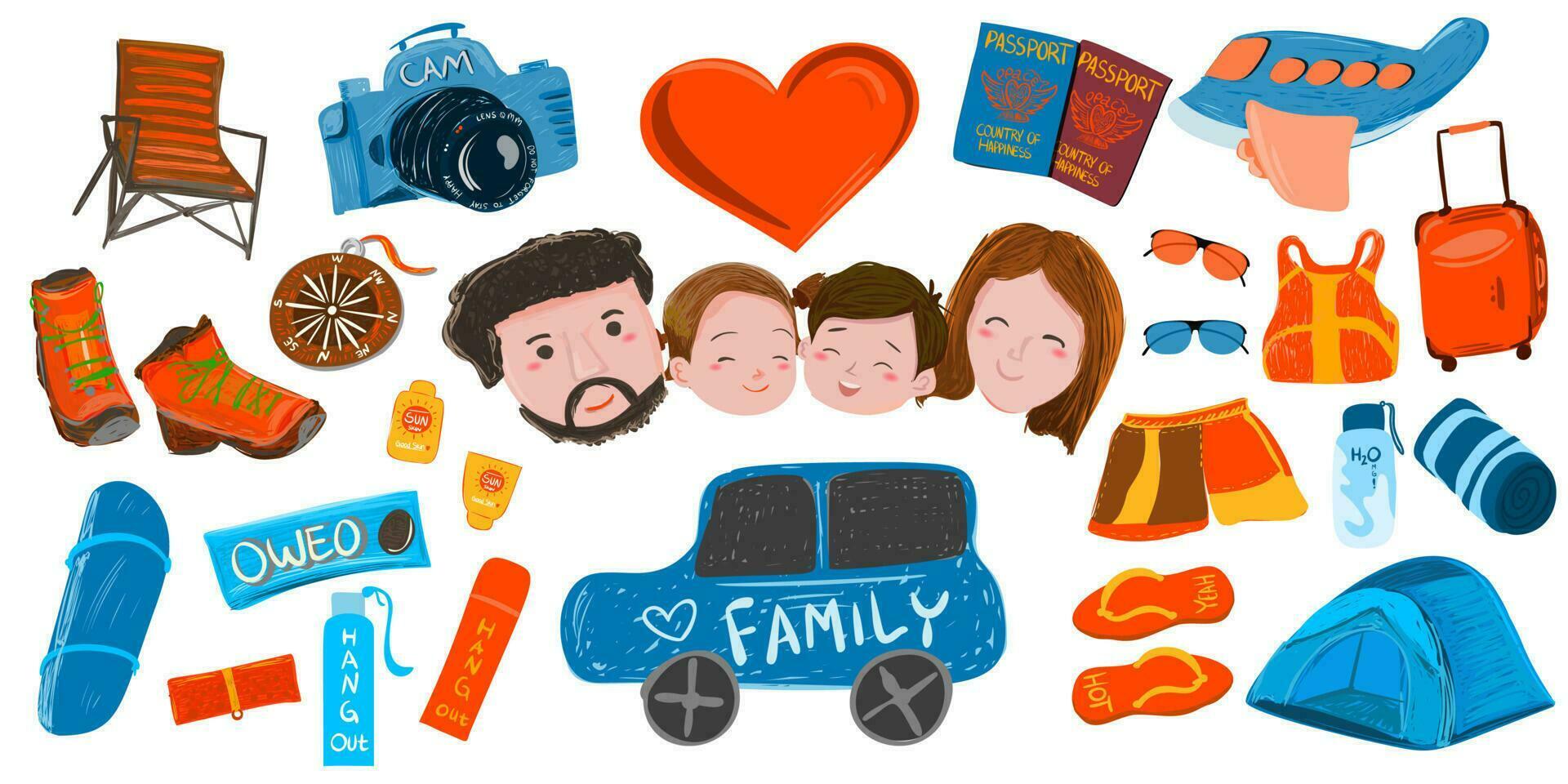 vibrante familia viaje aventuras colección colocar. playa la carretera excursiones y cámping. Perfecto para viaje blogs, familia orientado sitios web, y vacaciones planificación recursos. 20 cosas acerca de de viaje tema vector