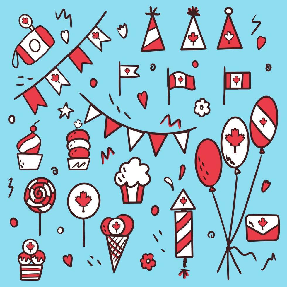 National day of Canada. First of July. Set of symbols and icons in doodle style. Maple leaf as a symbol. Greeting card, banner or poster. Vector