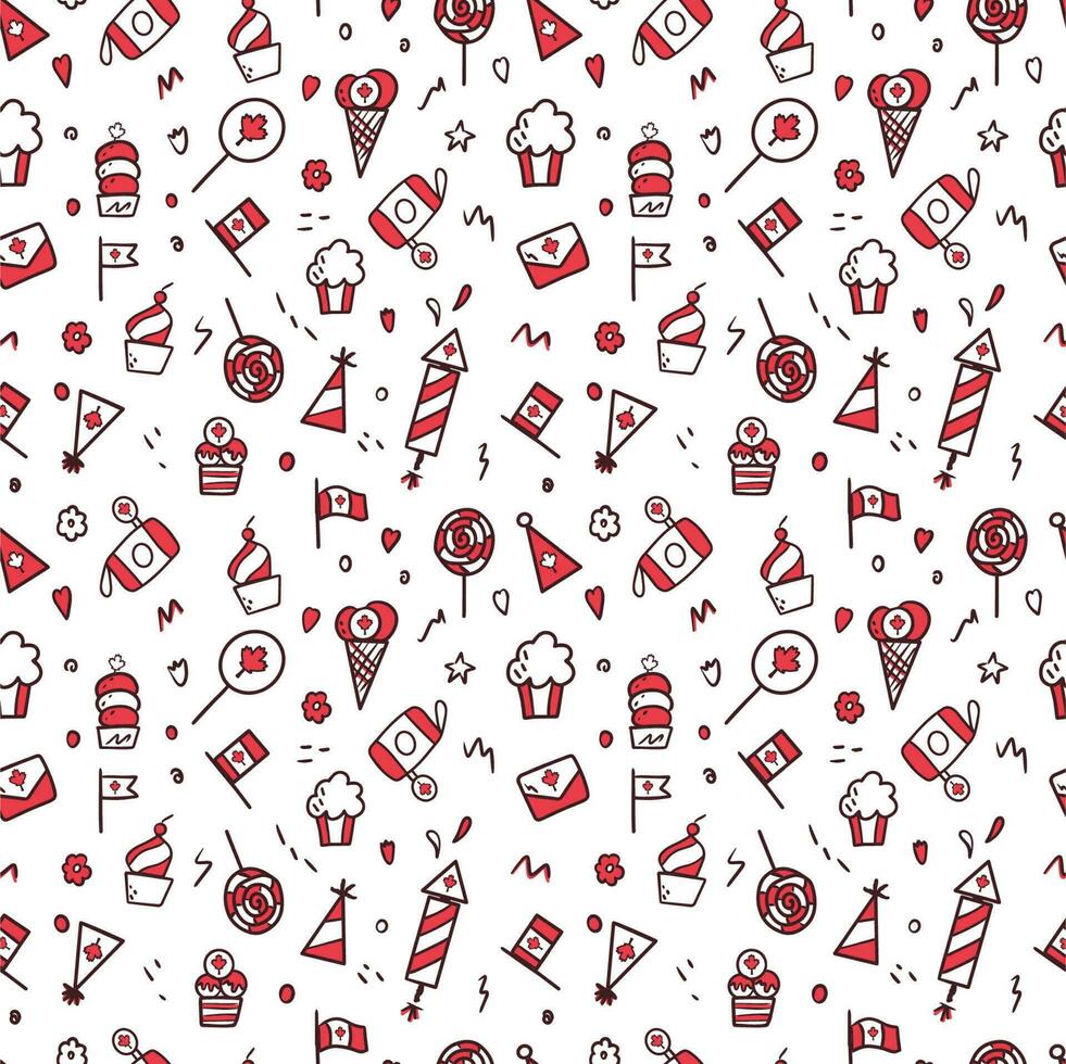 Canada Day. First of July. Seamless illustration in doodle style. For textile, pattern, background or design. Vector