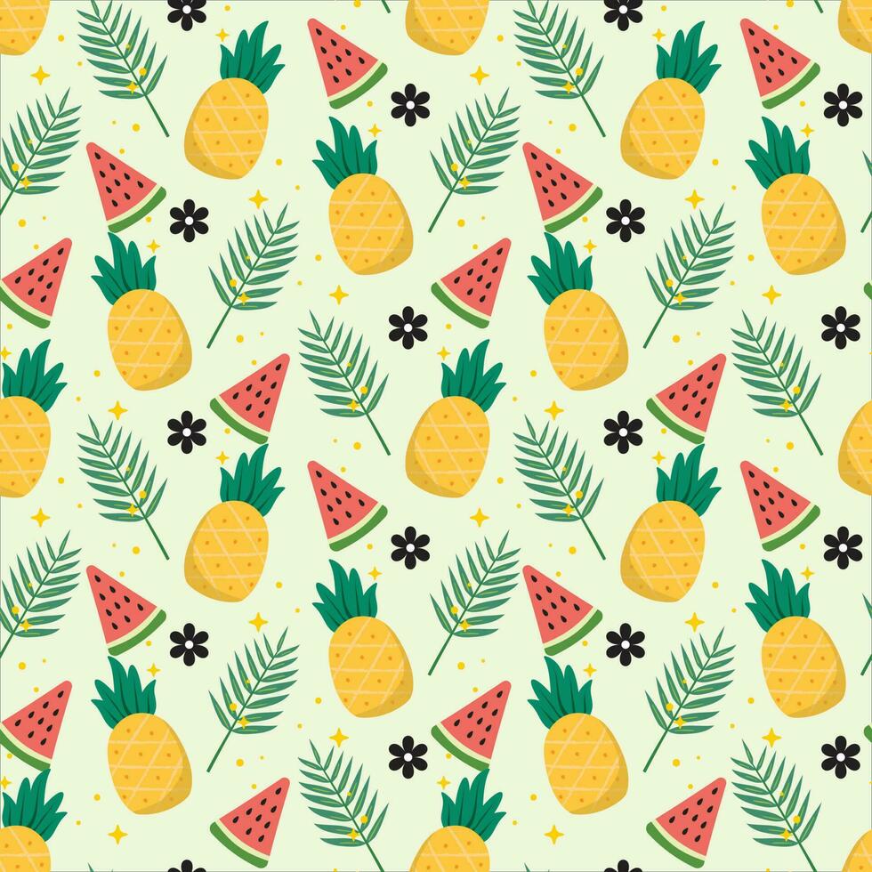 Pineaplle and slice of watermelon seamless pattern with pastel background vector