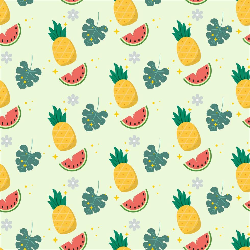 Pineaplle and slice of watermelon seamless pattern with pastel background vector