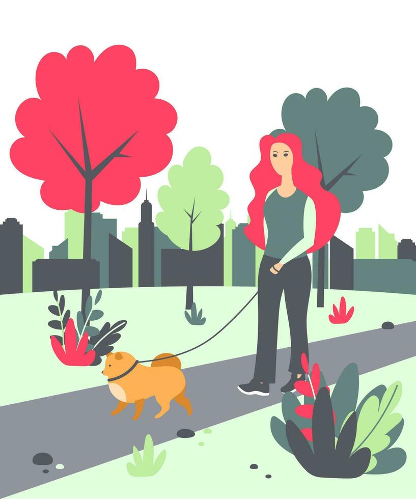 mujer caminando con un perro en el parque. vector ilustración con un mujer con un pomeranio en el parque.