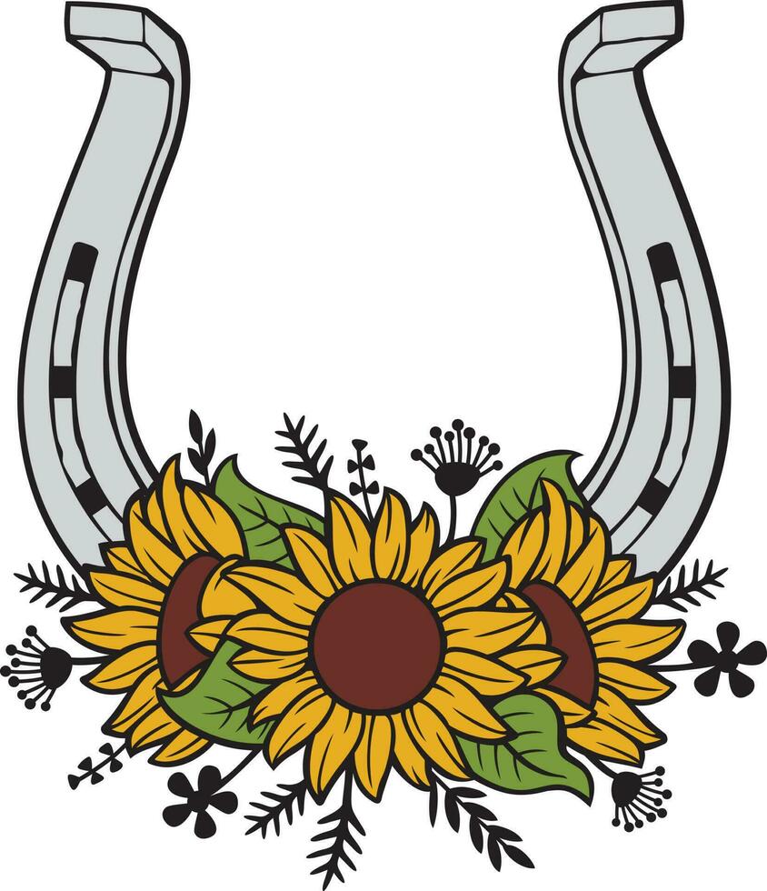 Horseshoe with Sunflowers Color - Floral Design. Vector Illustration.