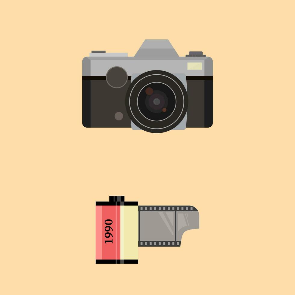 Vintage camera and camera film roll. vector