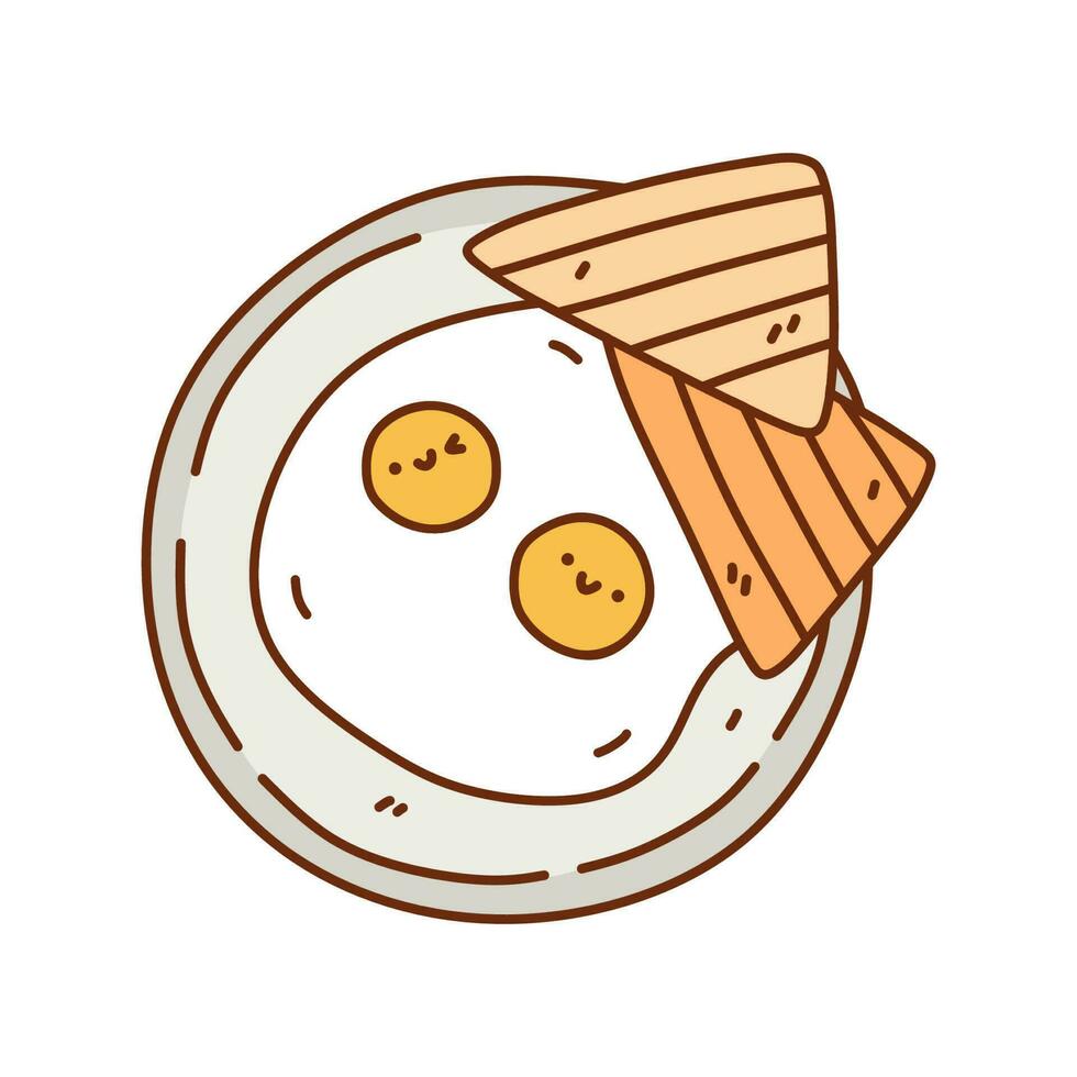 linda frito huevos con y brindis en un plato aislado en blanco antecedentes. vector dibujado a mano ilustración en kawaii garabatear estilo. Perfecto para varios diseños, tarjetas, decoraciones, logo, menú, recetas.