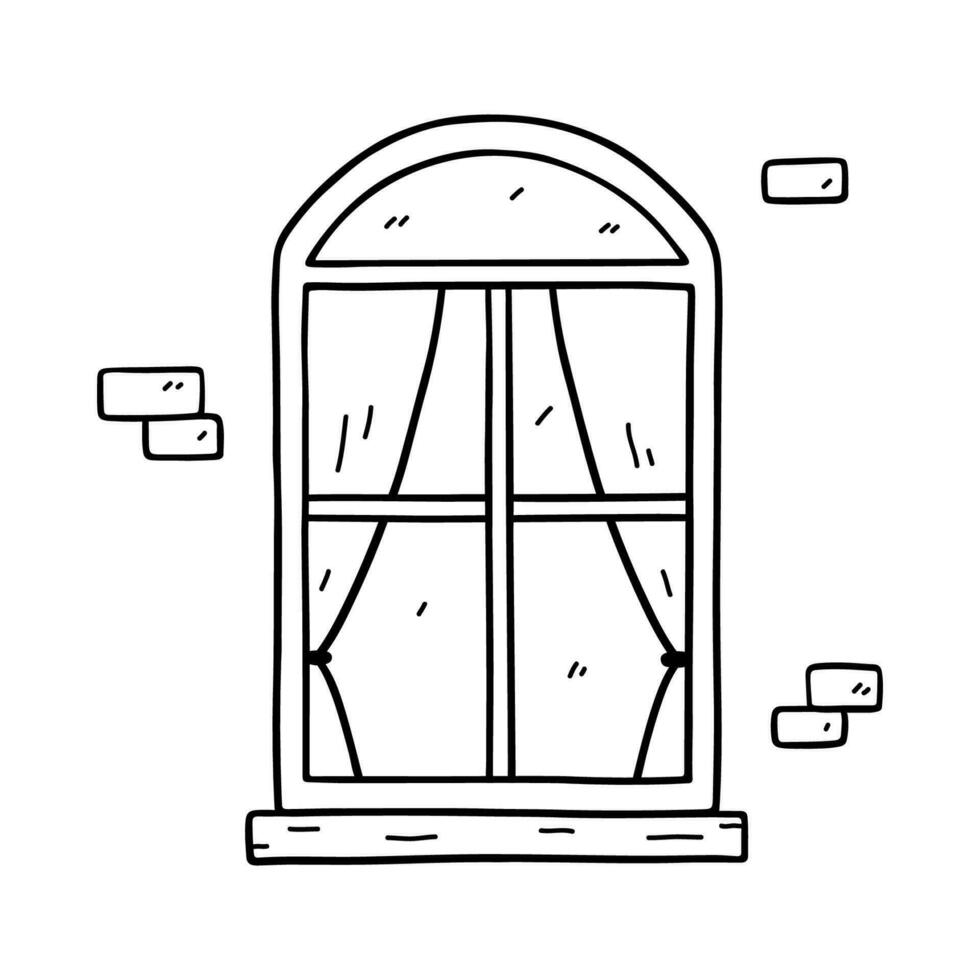 Closed window with curtains isolated on white background. Vector hand-drawn doodle illustration. Perfect for decorations, logo, various designs.