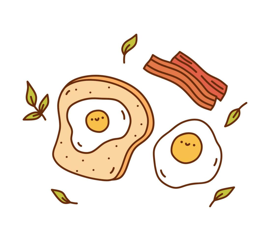 linda frito huevos con brindis y tocino aislado en blanco antecedentes. vector dibujado a mano ilustración en kawaii garabatear estilo. Perfecto para varios diseños, tarjetas, decoraciones, logo, menú, recetas.