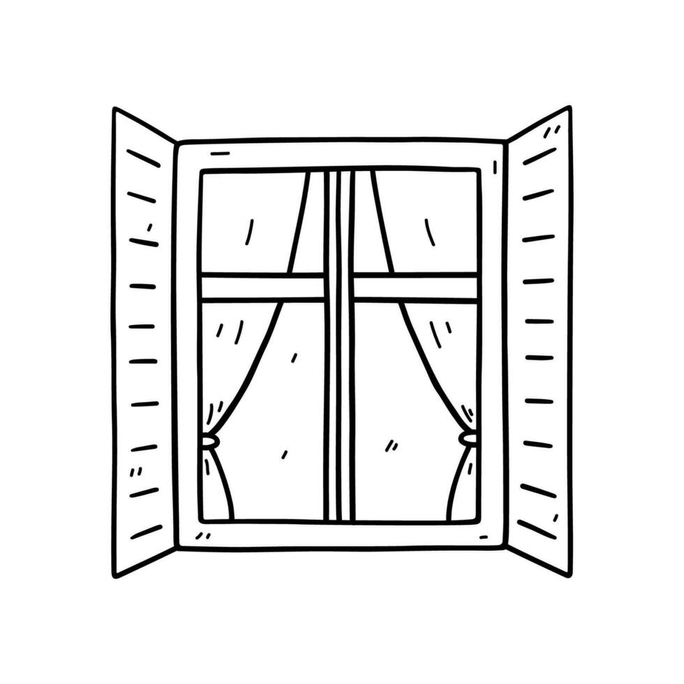 Window with open shutters isolated on white background. Vector hand-drawn doodle illustration. Perfect for decorations, logo, various designs.