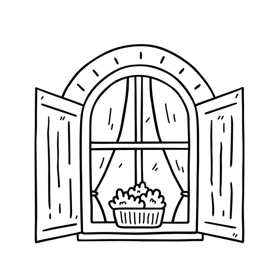 Window with open shutters and plants isolated on white background. Vector hand-drawn doodle illustration. Perfect for decorations, logo, various designs.