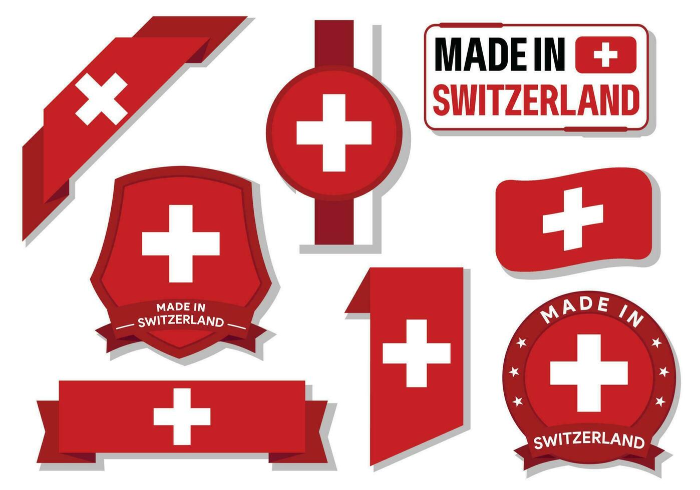 Collection of made in Switzerland badges labels Switzerland flags in ribbon vector illustration