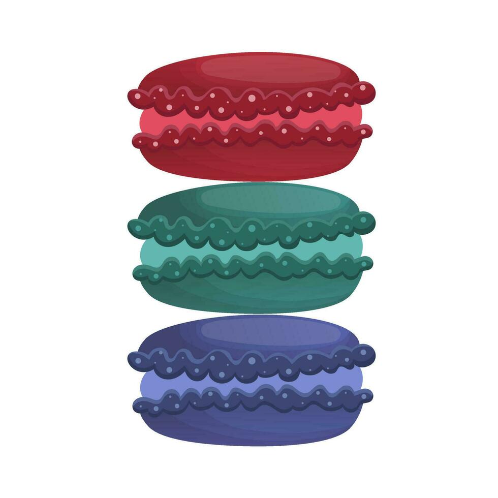 Almond multicolored macaron dessert, macaroon. French cookies. Sweet and beautiful dessert. Vector illustration isolated on white background.