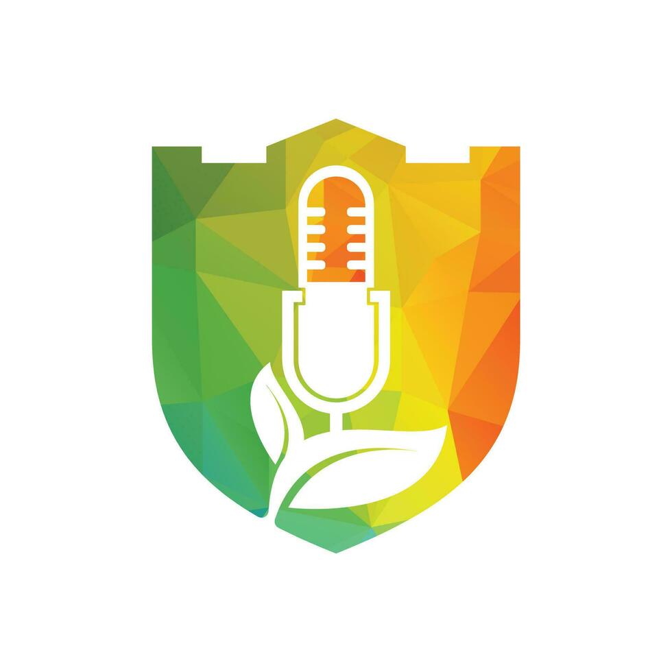 Podcast leaf nature ecology vector logo design. Podcast talk show logo with mic and leaves.