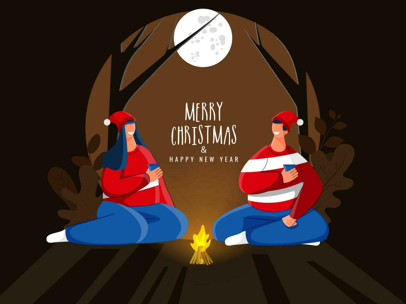 Young Couple wearing Santa Hat and Enjoying Drinks in Front of Bonfire on Full Moon Brown Nature View Background for Merry Christmas and Happy New Year Celebration. vector