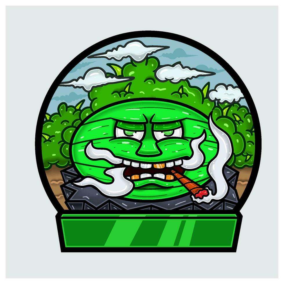 Watermelon Fruit Cartoon Character Do Smoking In Jungle. Blank Sign and Circle Logo. vector