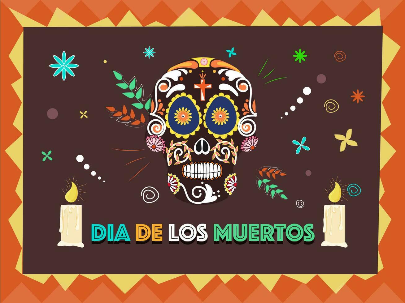 vistoso tipografía de dia Delaware muertos con creativo florido azúcar cráneo y iluminado vela en resumen antecedentes. lata ser usado como bandera o póster diseño. vector