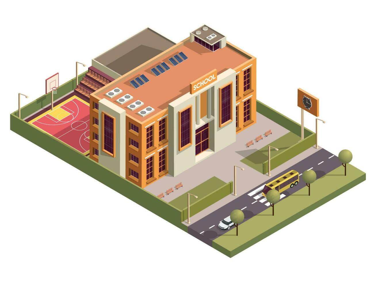 Isometric school building with clock board and basketball ground along vehicle street background. vector