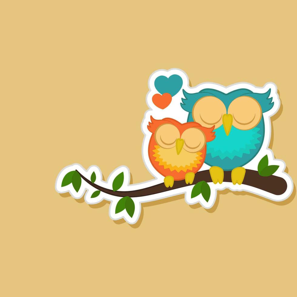 Lovely Couple Bird Sitting On Branch Against Yellow Background In Sticker Style. vector