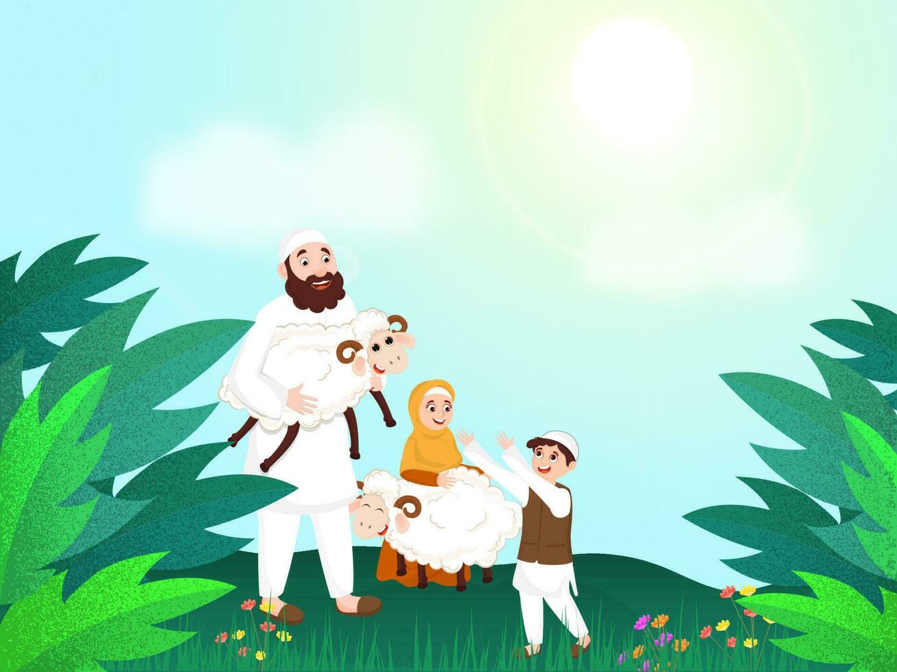 dibujos animados personaje de islámico padre dando oveja a su hijo en al aire libre cielo ver antecedentes. Eid al-Adha Mubarak póster o bandera diseño. vector