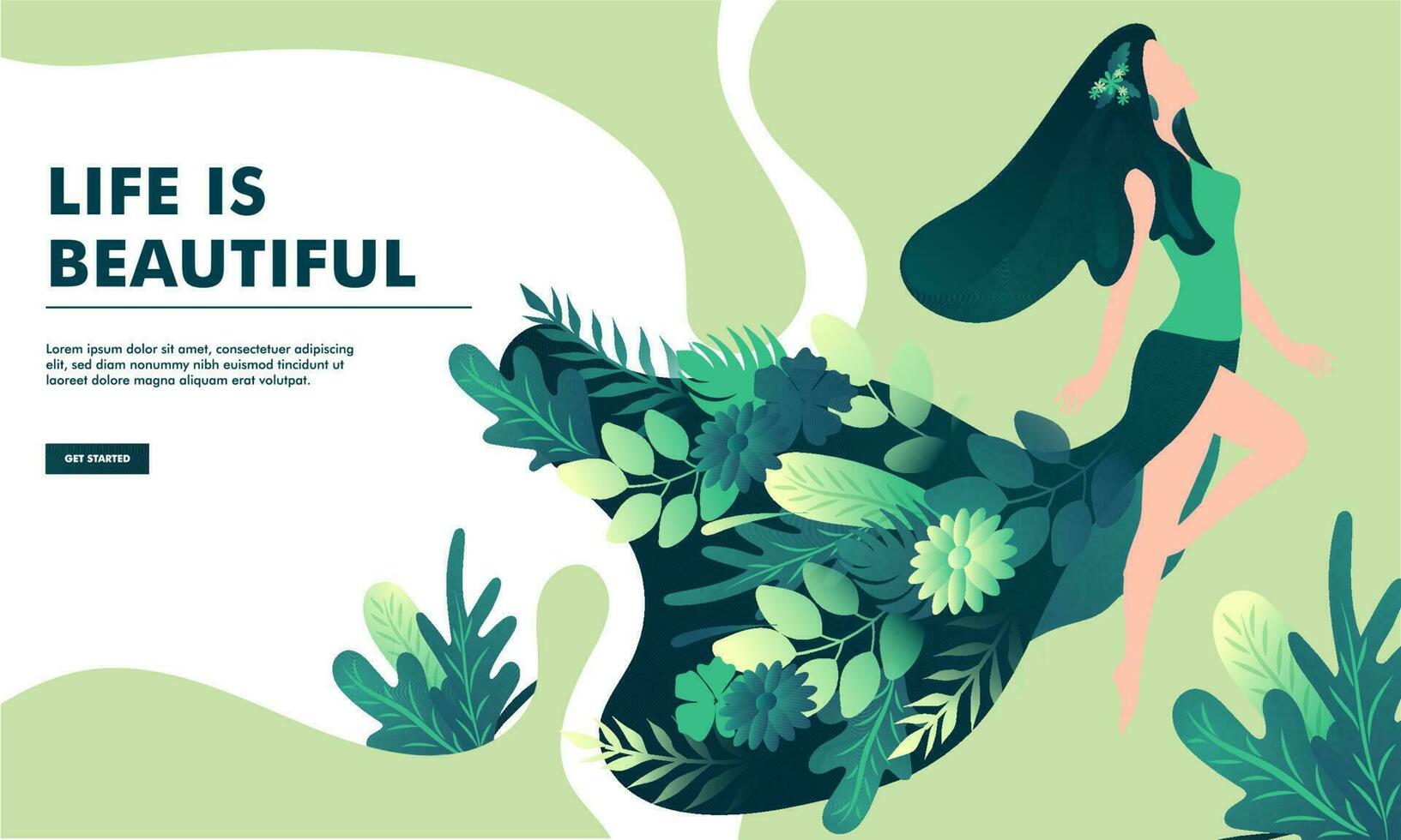 Life Is Beautiful poster or banner design with illustration of young woman with natural leaves on abstract background. vector