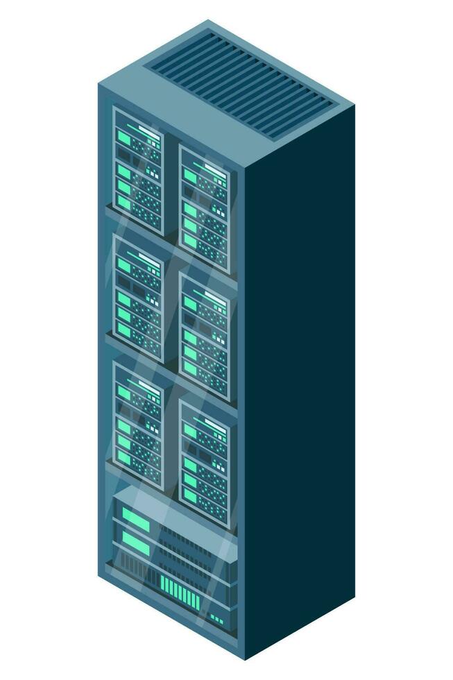 Isometric server. Network server room. 3D computer equipment. Storage database. Isometric technology. Vector illustration