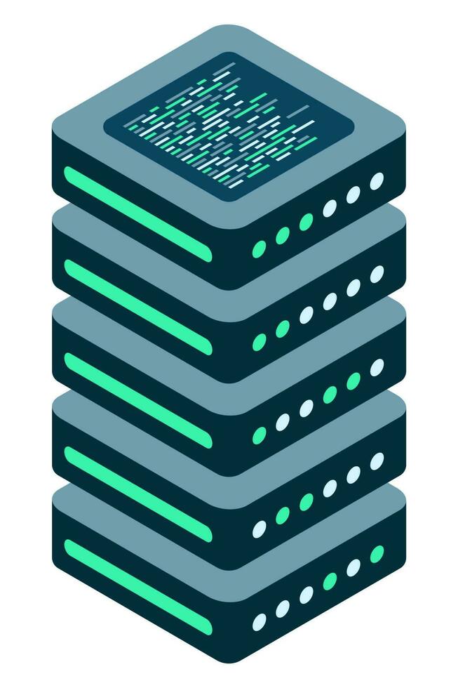 Isometric server. Network server room. 3D computer equipment. Storage database. Isometric technology. Vector illustration