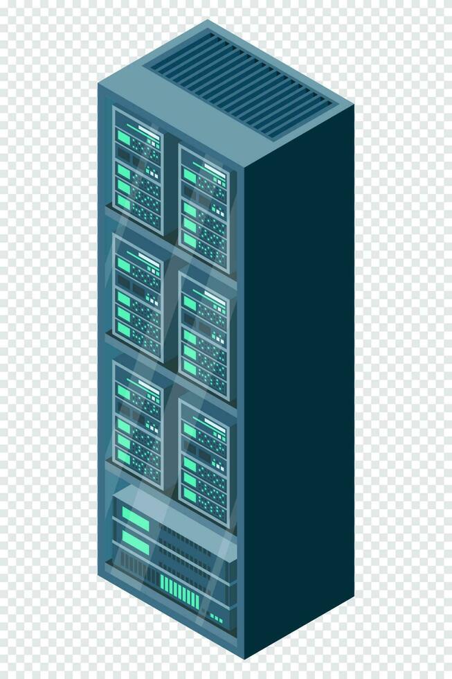 Isometric server. Network server room. 3D computer equipment. Storage database. Isometric technology. Vector illustration