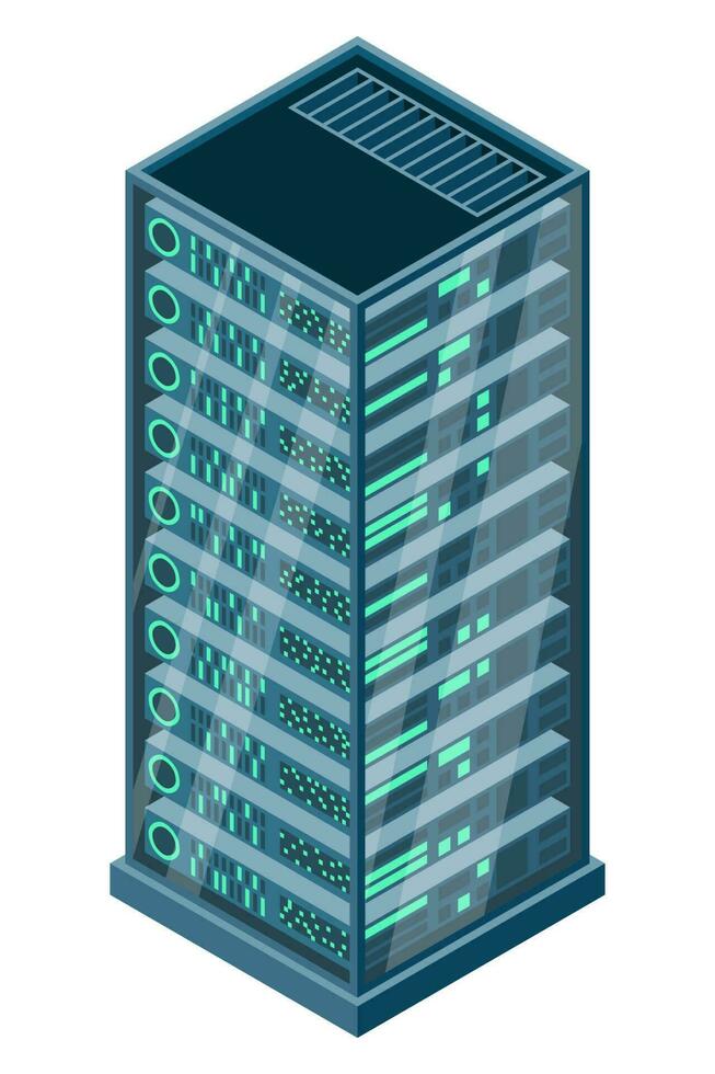 Isometric server. Network server room. 3D computer equipment. Storage database. Isometric technology. Vector illustration