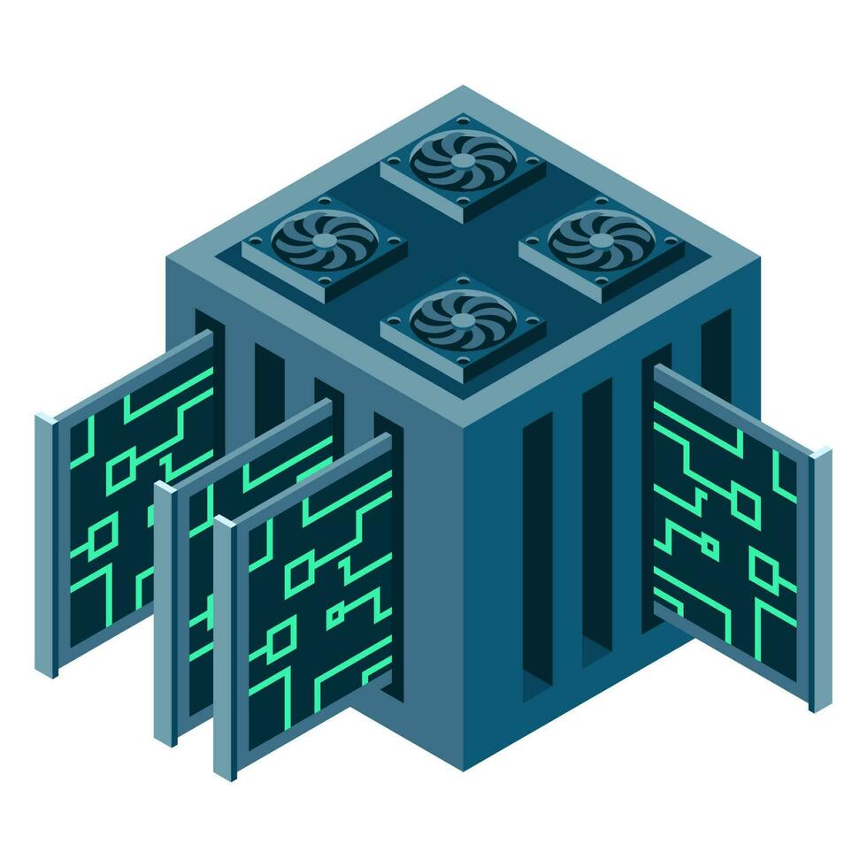 Isometric futuristic server. Isometric database or data center. Abstract blockchain. Computer storage. Cloud storage. Vector illustration