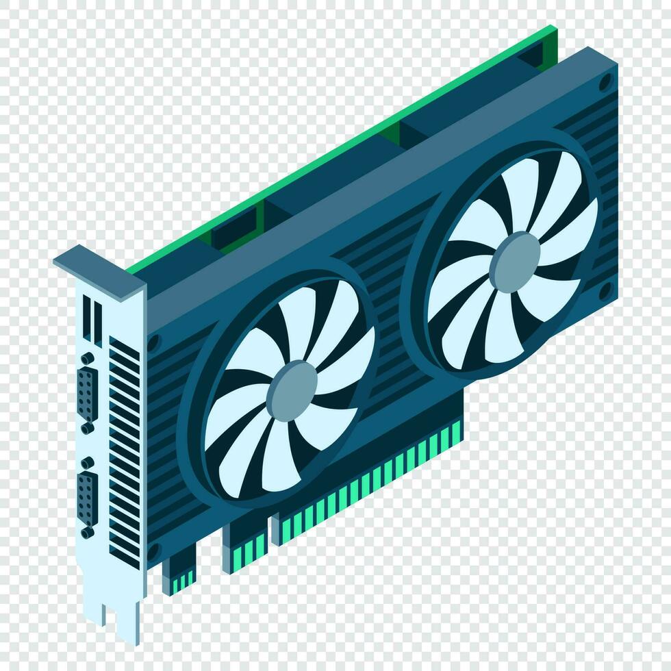 3d isometric video graphic card. Isometric of device graphic card. Personal computer hardware component. Vector illustration