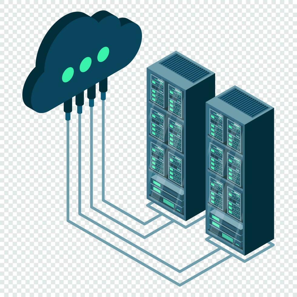 nube tecnología informática concepto. datos centrar concepto. nube almacenamiento. servidor habitación isométrico base de datos conexión. servidor estante. vector ilustración