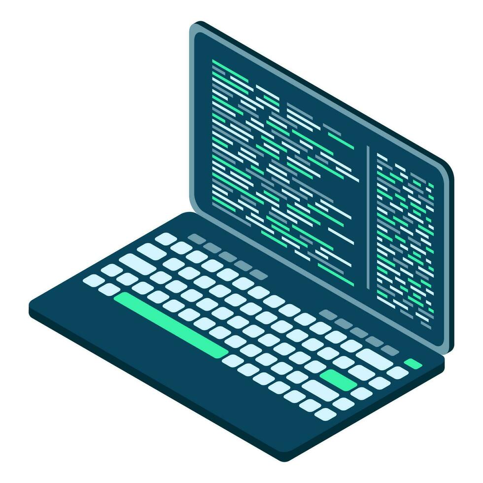 isométrica ordenador portátil. 3d isométrica ordenador portátil computadora. resumen programación idioma y programa código en un ordenador portátil pantalla. vector ilustración