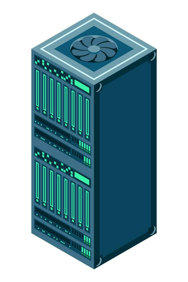isométrica servidor. red servidor habitación. 3d computadora equipo. almacenamiento base de datos. isométrica tecnología. vector ilustración