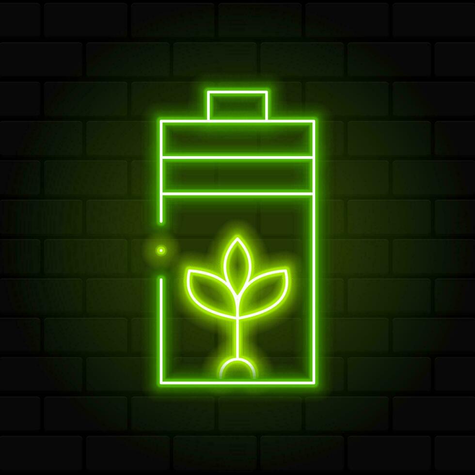 Glowing neon line eco nature leaf and battery icon. Glowing neon battery icon. Battery charging power sign. Electricity symbol. Glowing neon. Vector illustration