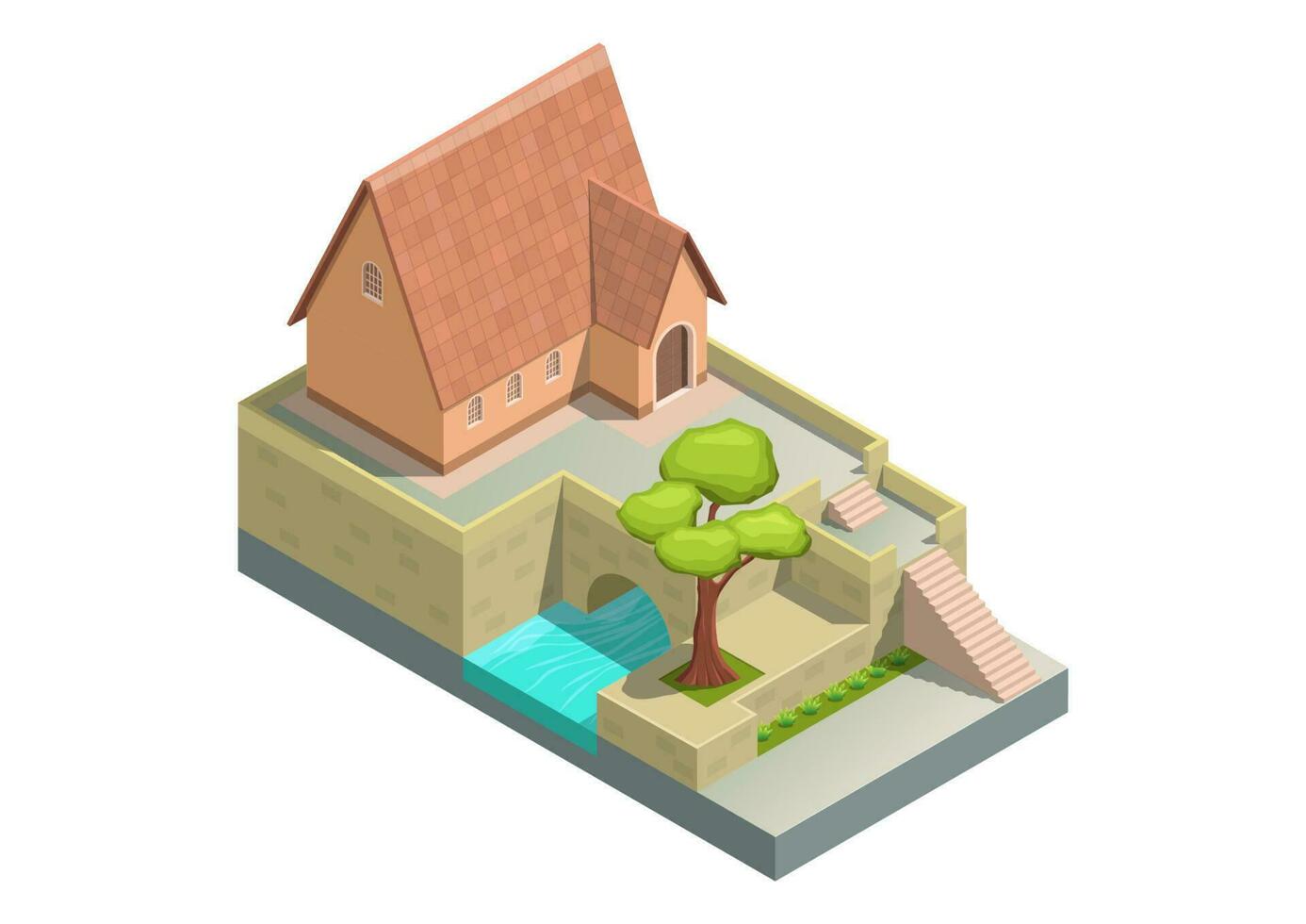 Isometric house with river vector