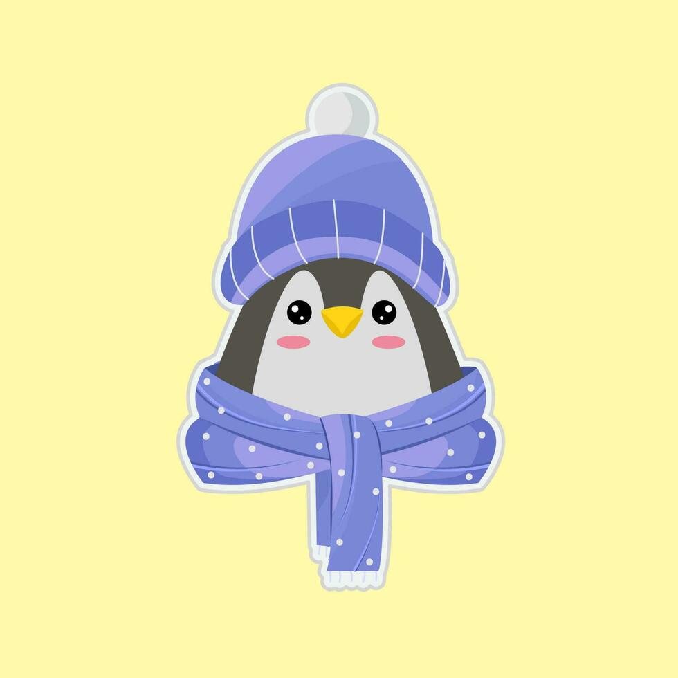 Cute Penguin In Hat with Scarf On Yellow Background. vector