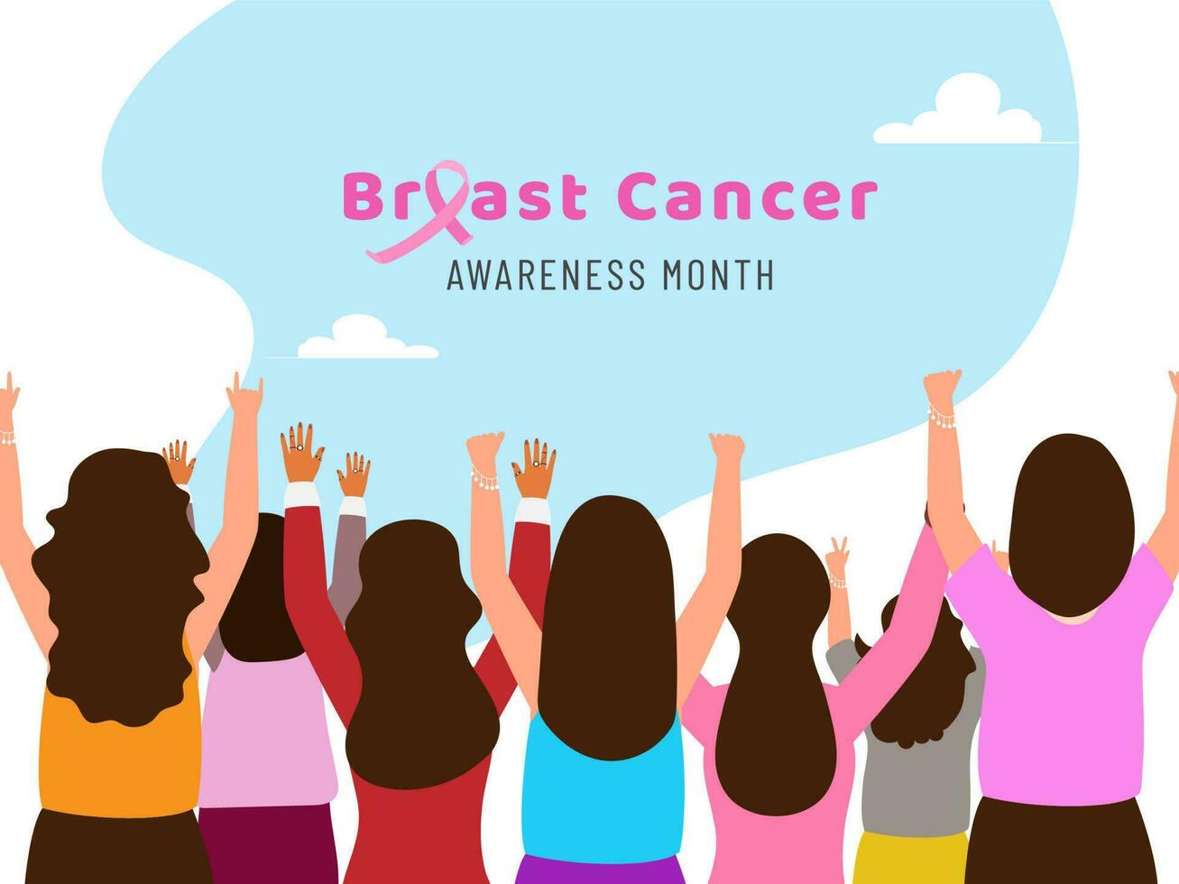 Back view of female group supporting for Breast cancer awareness month concept. Can be used as banner or poster design. vector