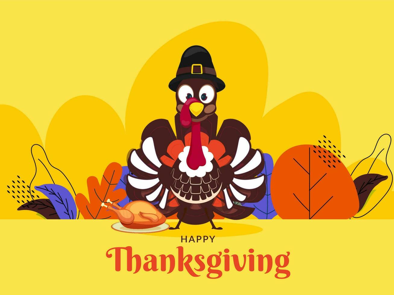 Happy Thanksgiving greeting card design with illustration of turkey bird wearing pilgrim hat and autumn leaves decorated on yellow background. vector