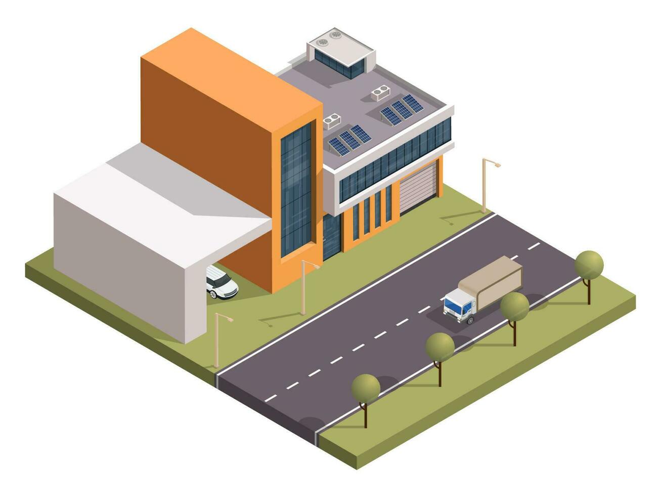 Isometric apartment building and car parking along transport street background. vector