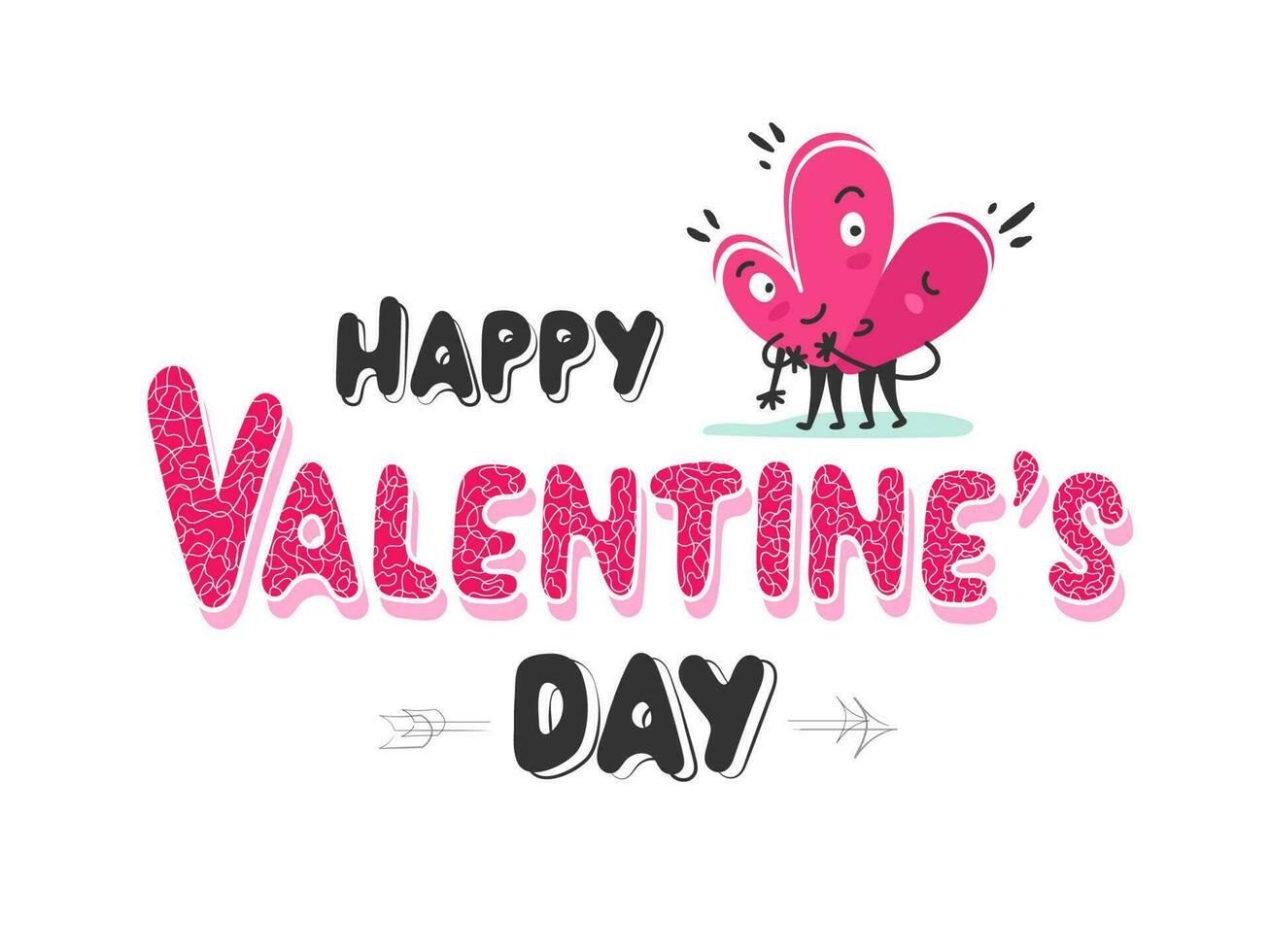 Happy Valentine's Day Text with Cartoon Hearts Couple Hugging on White Background. vector