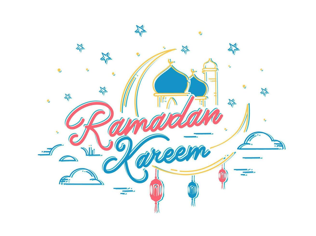 Calligraphy Ramadan Kareem Text with Crescent Moon, Mosque and hanging Arabic Lanterns Decorated on White Background. vector