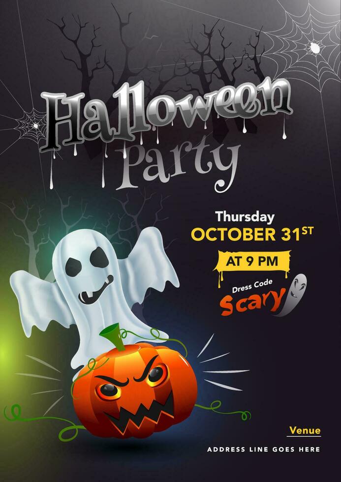 Halloween Party template or invitation card design with spooky jack-o-lantern, ghost and event details. vector